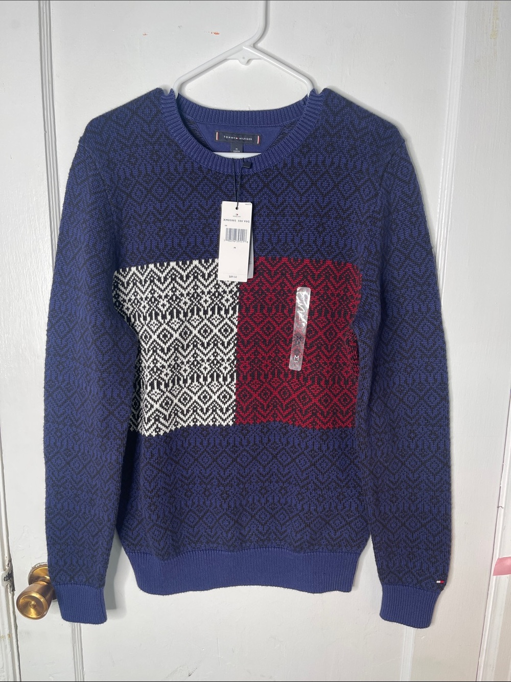 Tommy Hilfiger Sweater Medium Mens Logo Cotton Blue Red Crewneck Pattern M New